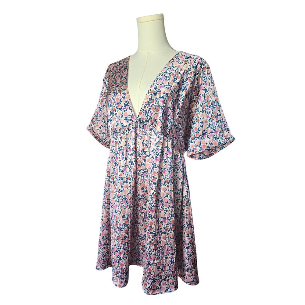 LULUS Blush Pink Navy Blue Floral Prt Short Sleeve Oversize Dress